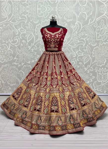 Dark Magenta Velvet Zari, Thread, Embroidery & Hand-Work Wedding-Wear Bridal Lehenga Choli