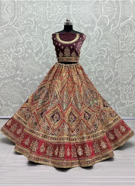 Wine Velvet Thread, Embroidery, Diamond & Stone-Work Wedding-Wear Bridal Lehenga Choli
