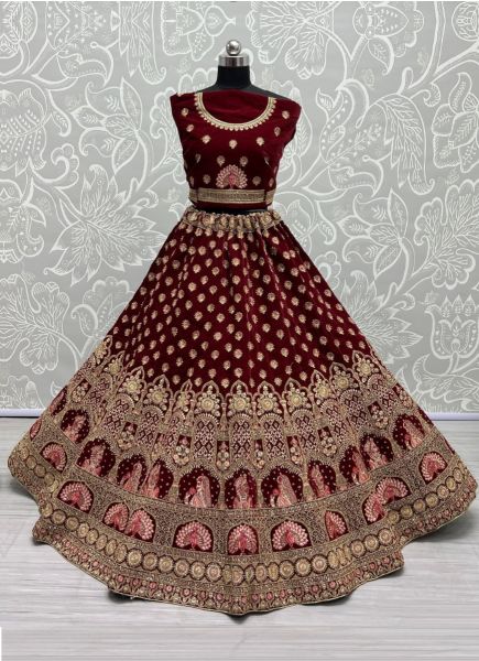 Dark Maroon Velvet Thread, Embroidery & Hand-Work Wedding-Wear Bridal Lehenga Choli