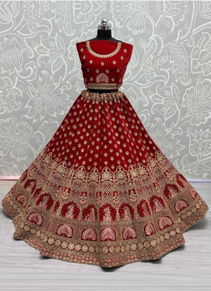 Red Velvet Thread, Embroidery & Hand-Work Wedding-Wear Bridal Lehenga Choli
