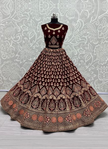 Dark Maroon Velvet Sequins, Zari, Thread, Embroidery-Work Wedding-Wear Bridal Lehenga Choli
