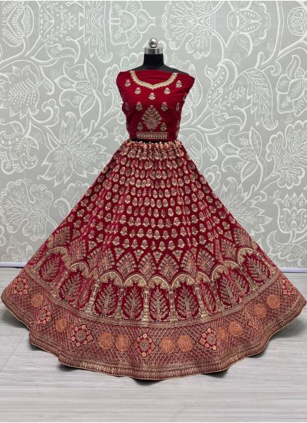 Magenta Velvet Sequins, Zari, Thread, Embroidery-Work Wedding-Wear Bridal Lehenga Choli