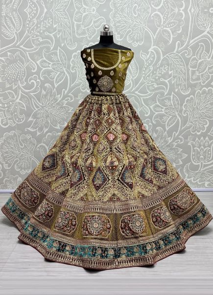 Olive Green Velvet Thread, Embroidery, Diamond & Stone-Work Wedding-Wear Bridal Lehenga Choli