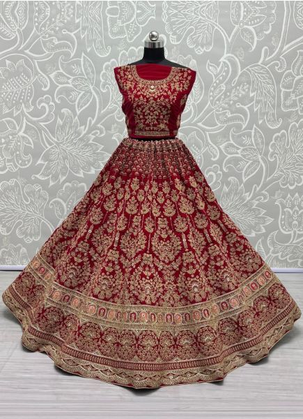 Wine Red Velvet Thread, Embroidery, Diamond & Hand-Work Wedding-Wear Bridal Lehenga Choli
