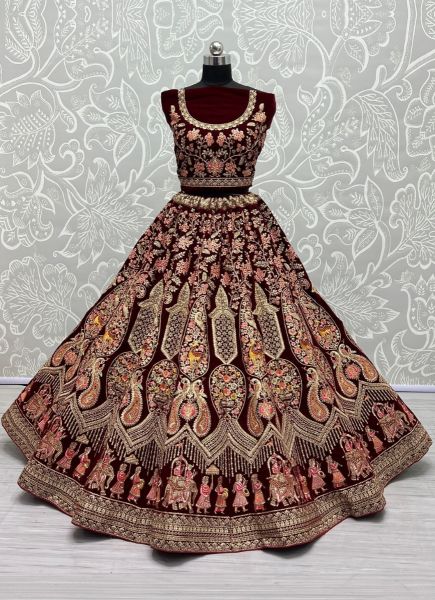 Dark Maroon Velvet With Embroidery & Handwork Wedding-Wear Bridal Lehenga Choli