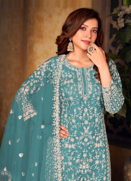 Teal Blue Net With Embroidery & Thread-Work Festive-Wear Palazzo-Bottom Salwar Kameez