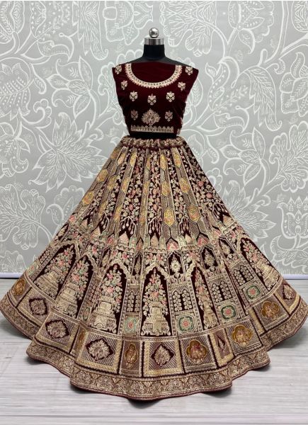 Dark Maroon Velvet With Embroidery & Handwork Wedding-Wear Bridal Lehenga Choli