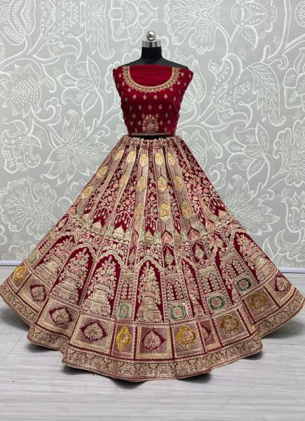 Dark Magenta Velvet With Embroidery & Handwork Wedding-Wear Bridal Lehenga Choli