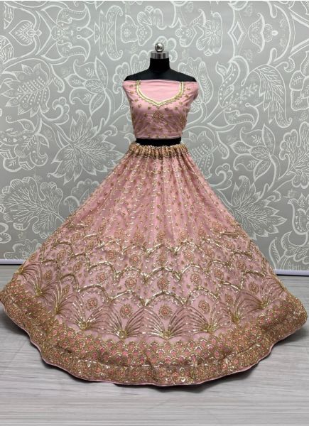 Pink Net With Embroidery & Sequins-Work Party-Wear Lehenga Choli