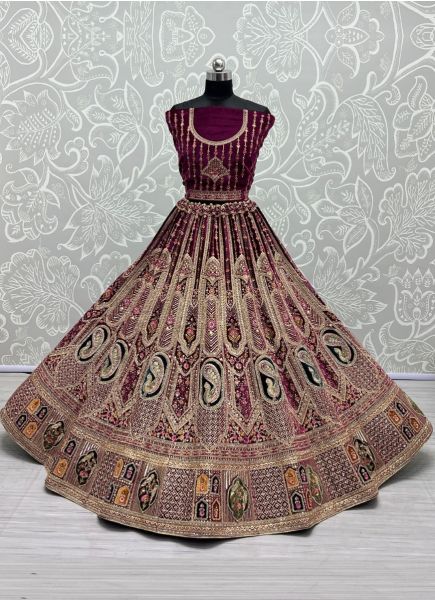 Wine Velvet With Embroidery & Handwork Wedding-Wear Bridal Lehenga Choli