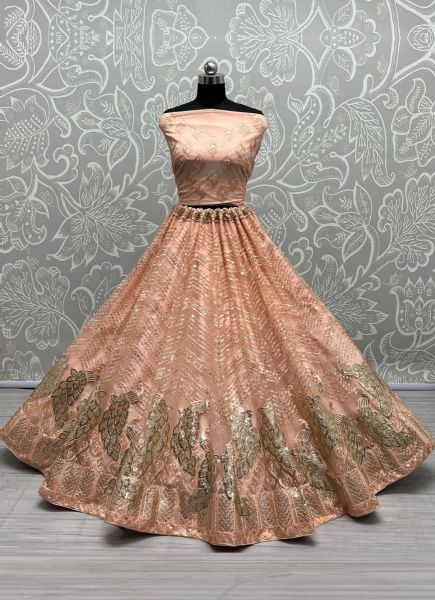 Peach Net With Thread, Embroidery & Sequins-Work Party-Wear Lehenga Choli