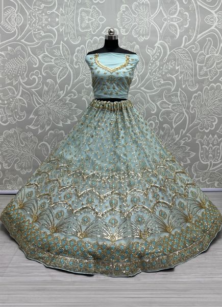 Light Blue Net Embroidery & Sequins-Work Wedding-Wear Bridal Lehenga Choli