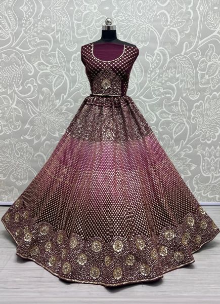 Wine Net Embroidery & Sequins-Work Wedding-Wear Lehenga Choli