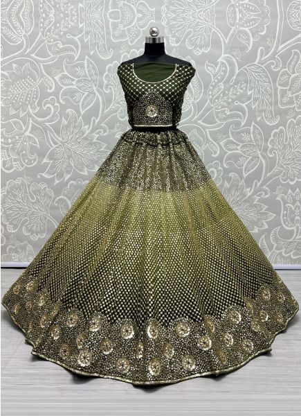 Olive Green Net Embroidery & Sequins-Work Wedding-Wear Lehenga Choli