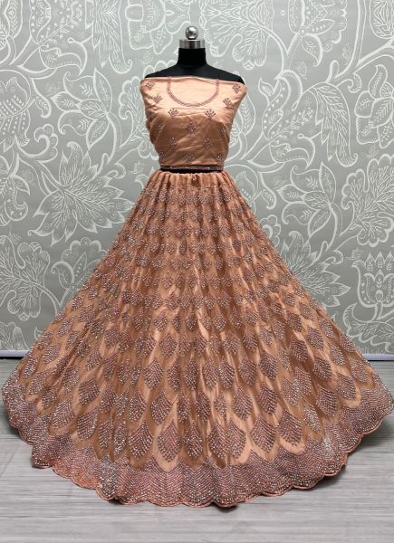 Dark Salmon Net With Thread, Diamond & Zarkan-Work Wedding-Wear Bridal Lehenga Choli