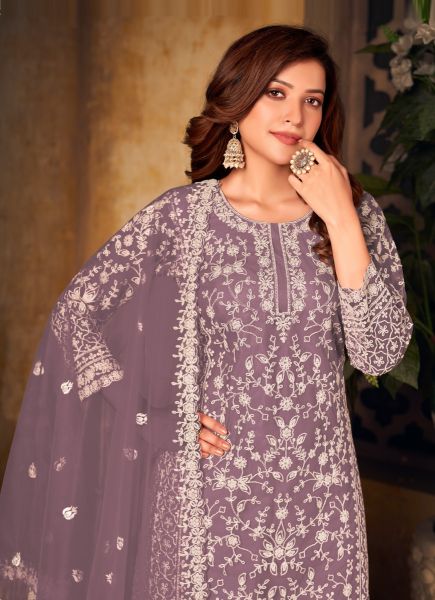 Mauve Net With Embroidery & Thread-Work Festive-Wear Palazzo-Bottom Salwar Kameez