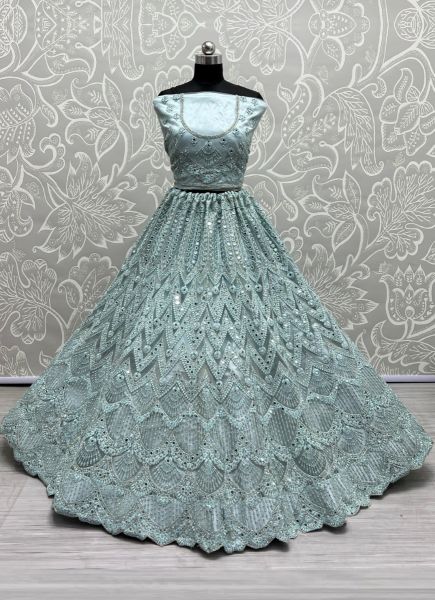 Light Blue Net With Thread, Embroidery, Diamond & Stone-Work Wedding-Wear Bridal Lehenga Choli