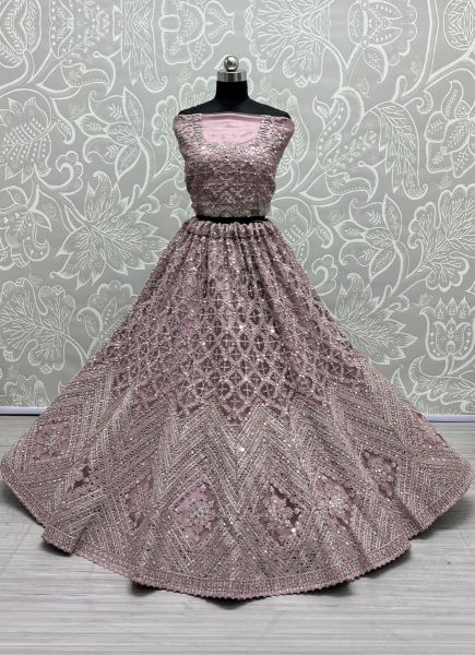 Lilac Net With Thread, Mirror, Diamond & Stone-Work Wedding-Wear Bridal Lehenga Choli