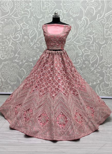Pink Net With Thread, Mirror, Diamond & Stone-Work Wedding-Wear Bridal Lehenga Choli