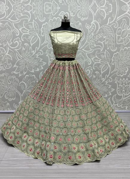 Light Sage Green Net With Thread, Embroidery, Mirror & Handwork Wedding-Wear Bridal Lehenga Choli