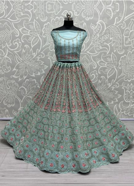 Light Blue Net With Thread, Embroidery, Mirror & Handwork Wedding-Wear Bridal Lehenga Choli