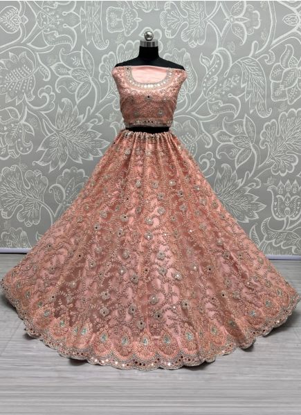 Light Coral Net Embroidery, Mirror, Diamond & Handwork Wedding-Wear Bridal Lehenga Choli