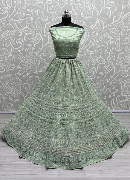 Light Sage Green Net Sequins, Embroidery & Stone-Work Wedding-Wear Bridal Lehenga Choli