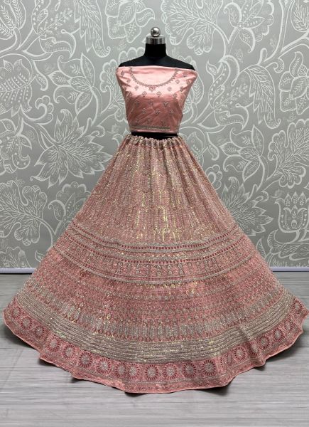 Light Coral Net Sequins, Embroidery & Stone-Work Wedding-Wear Bridal Lehenga Choli