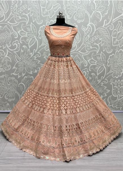 Peach Net Thread, Embroidery, Sequins & Stone-Work Wedding-Wear Bridal Lehenga Choli