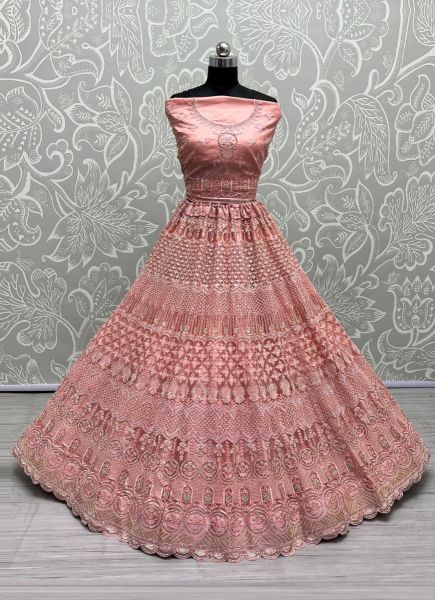 Pink Net Thread, Embroidery, Sequins & Stone-Work Wedding-Wear Bridal Lehenga Choli