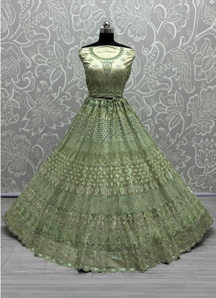 Light Green Net Thread, Embroidery, Sequins & Stone-Work Wedding-Wear Bridal Lehenga Choli