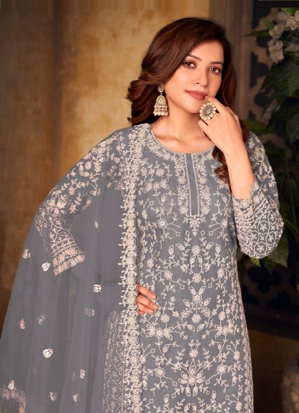 Gray Net With Embroidery & Thread-Work Festive-Wear Palazzo-Bottom Salwar Kameez