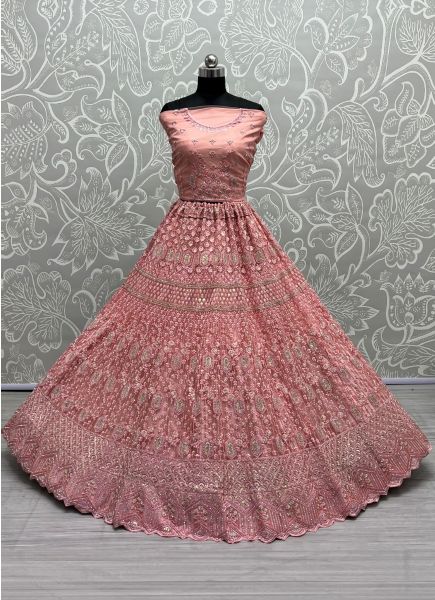 Pink Net Thread, Embroidery & Sequins Work Wedding-Wear Bridal Lehenga Choli