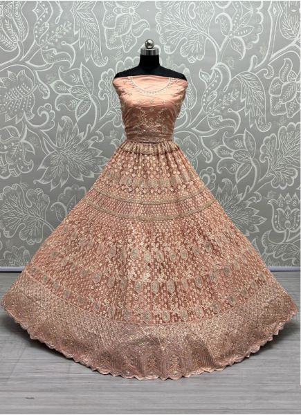 Peach Net Thread, Embroidery & Sequins Work Wedding-Wear Bridal Lehenga Choli