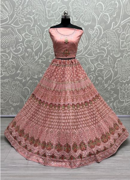 Pink Net Zari & Embroidered Wedding-Wear Bridal Lehenga Choli