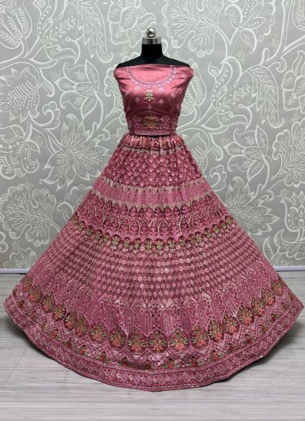 Dark Pink Net Zari & Embroidered Wedding-Wear Bridal Lehenga Choli