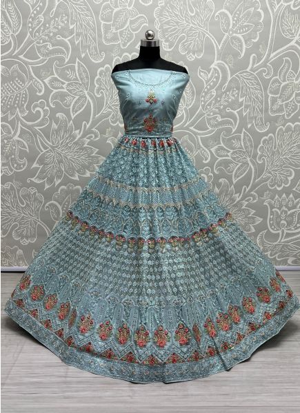 Light Blue Net Zari & Embroidered Wedding-Wear Bridal Lehenga Choli