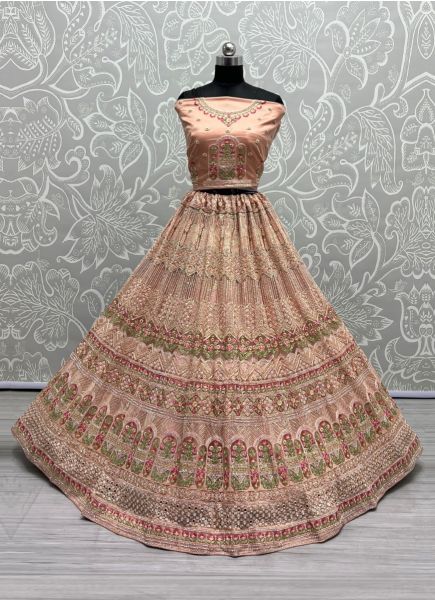 Peach Net With Thread, Embroidery, Sequins & Stone-Work Wedding-Wear Bridal Lehenga Choli