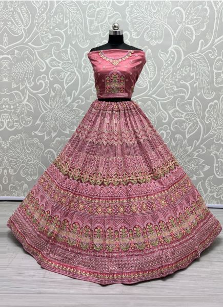 Dark Pink Net With Thread, Embroidery, Sequins & Stone-Work Wedding-Wear Bridal Lehenga Choli