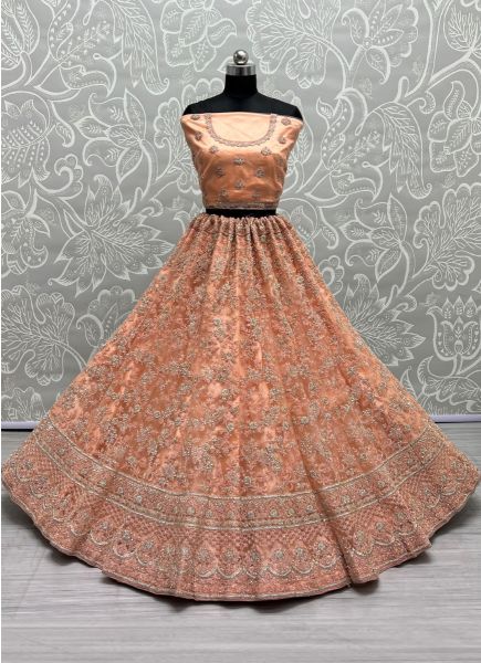Cantaloupe Orange Net With Thread, Embroidery & Stone-Work Wedding-Wear Bridal Lehenga Choli