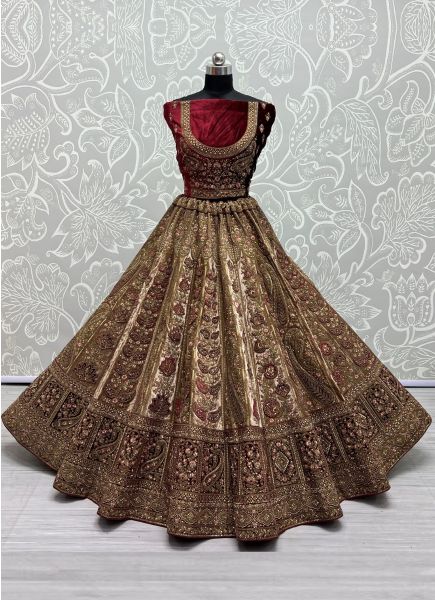 Copper Brown Velvet Handwork Wedding-Wear Bridal Lehenga Choli