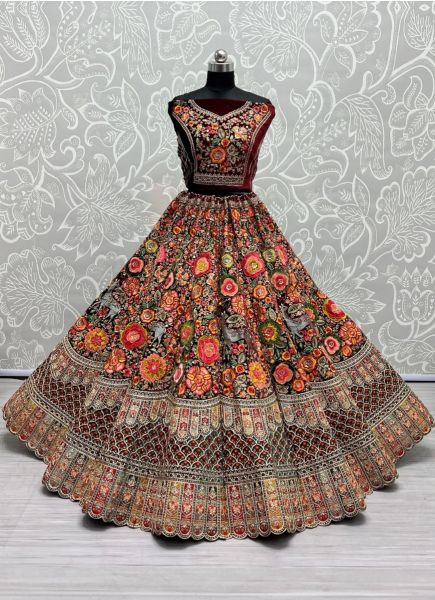 Multicolor Velvet Thread, Embroidery, Sequins & Handwork Wedding-Wear Bridal Lehenga Choli