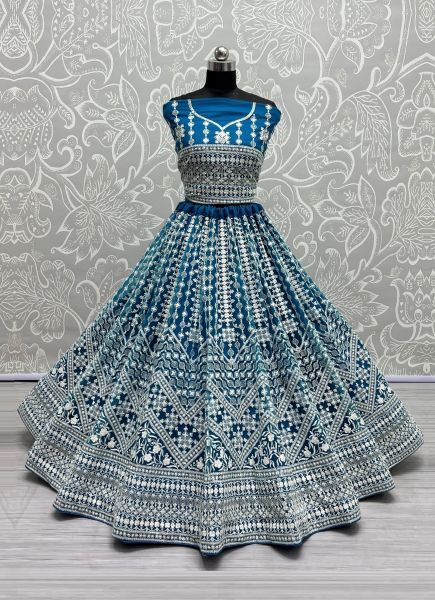 Sea Blue Net Embroidery, Sequins & Handwork Wedding-Wear Bridal Lehenga Choli