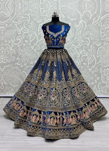 Blue Velvet With Thread, Embroidery & Handwork Wedding-Wear Bridal Lehenga Choli