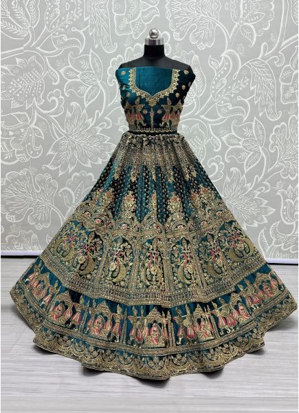 Sea Blue Velvet With Thread, Embroidery & Handwork Wedding-Wear Bridal Lehenga Choli