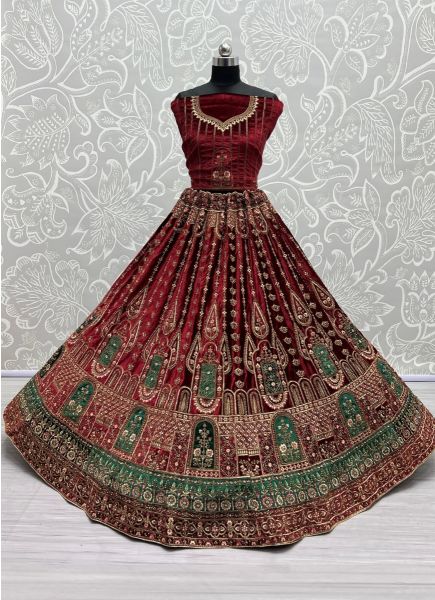 Dark Maroon Velvet With Thread, Embroidery & Handwork Wedding-Wear Bridal Lehenga Choli