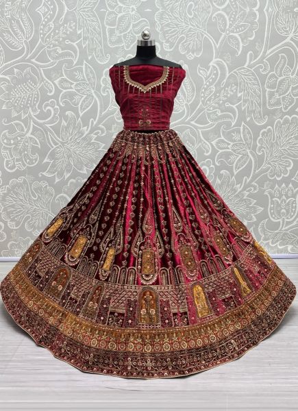 Wine Red Velvet With Thread, Embroidery & Handwork Wedding-Wear Bridal Lehenga Choli