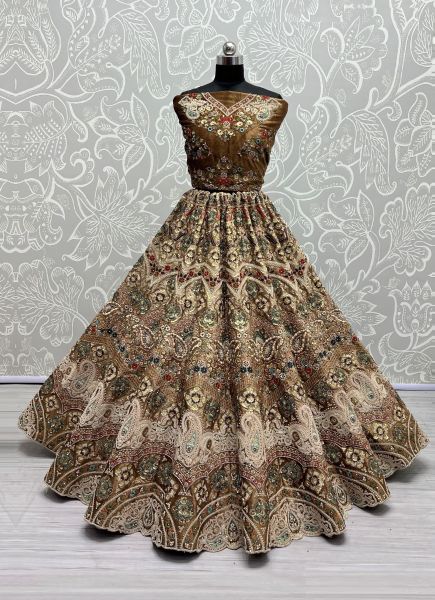 Brown Velvet With Embroidery, Sequins & Handwork Wedding-Wear Bridal Lehenga Choli