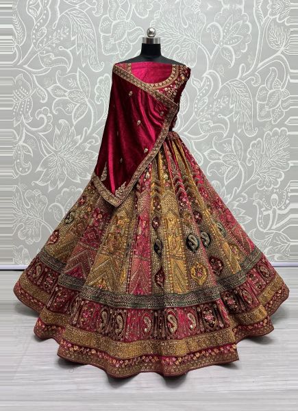 Golden & Dark Pink Velvet With Embroidery, Sequins & Handwork Wedding-Wear Bridal Lehenga Choli With Double Dupatta