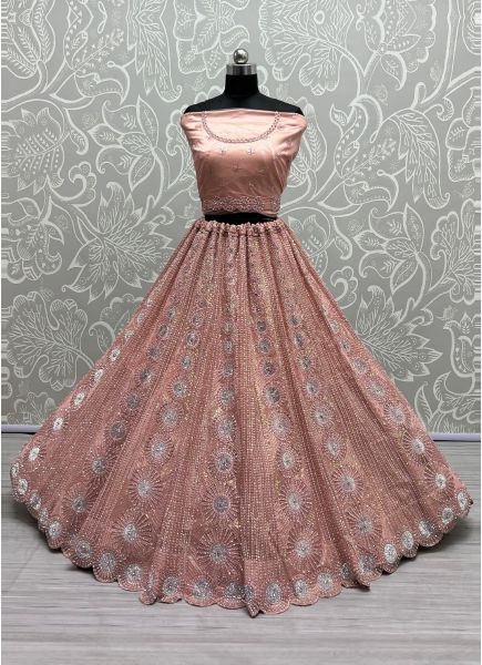 Peach Net Embroidery & Sequins-Work Wedding-Wear Bridal Lehenga Choli
